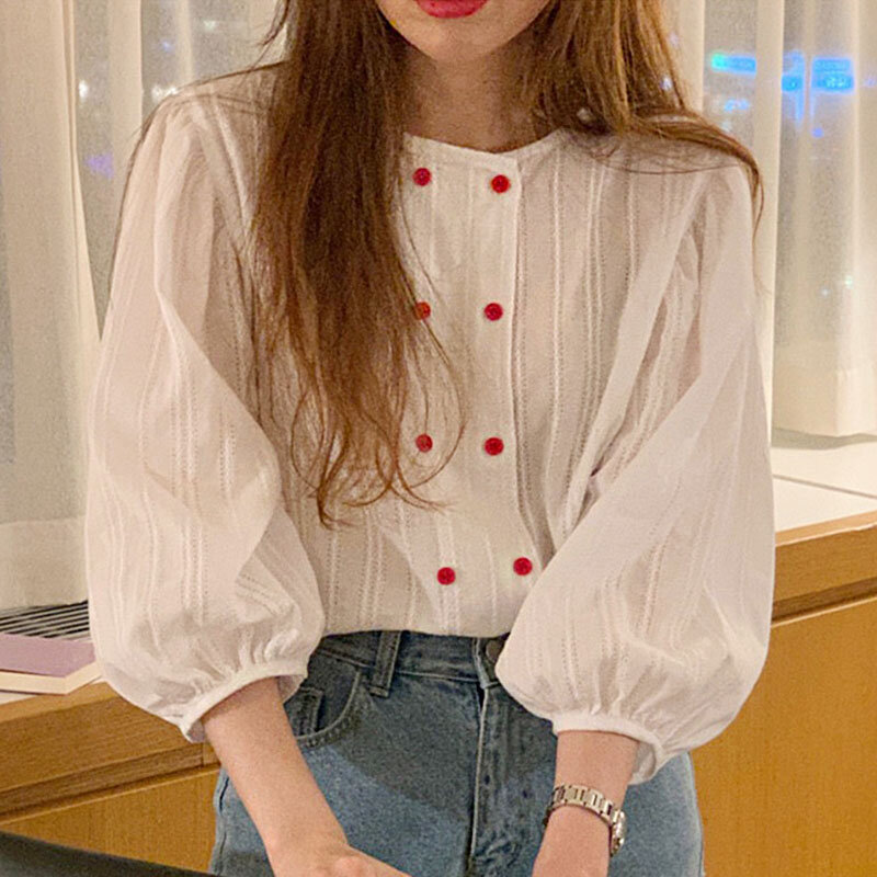 Women Double-breasted Korean Sweet Round Neck Blouse  Pleated Stitching Design Shirts Loose Puff Sleeve Shirt Top Blusas 15871