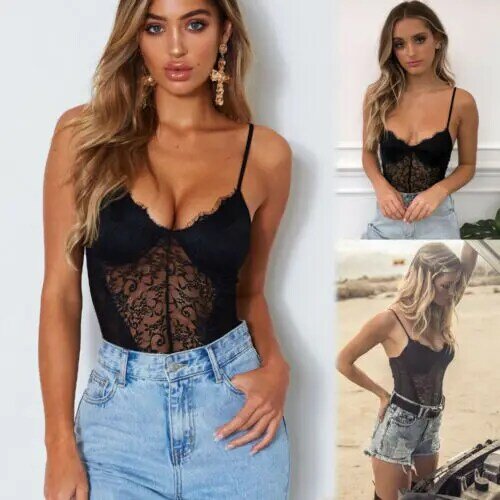 Summer New Fashion Elegant Womens Sexy Lace Stretch Bodysuit Sleeveless Leotard Top Backless Jumpsuit