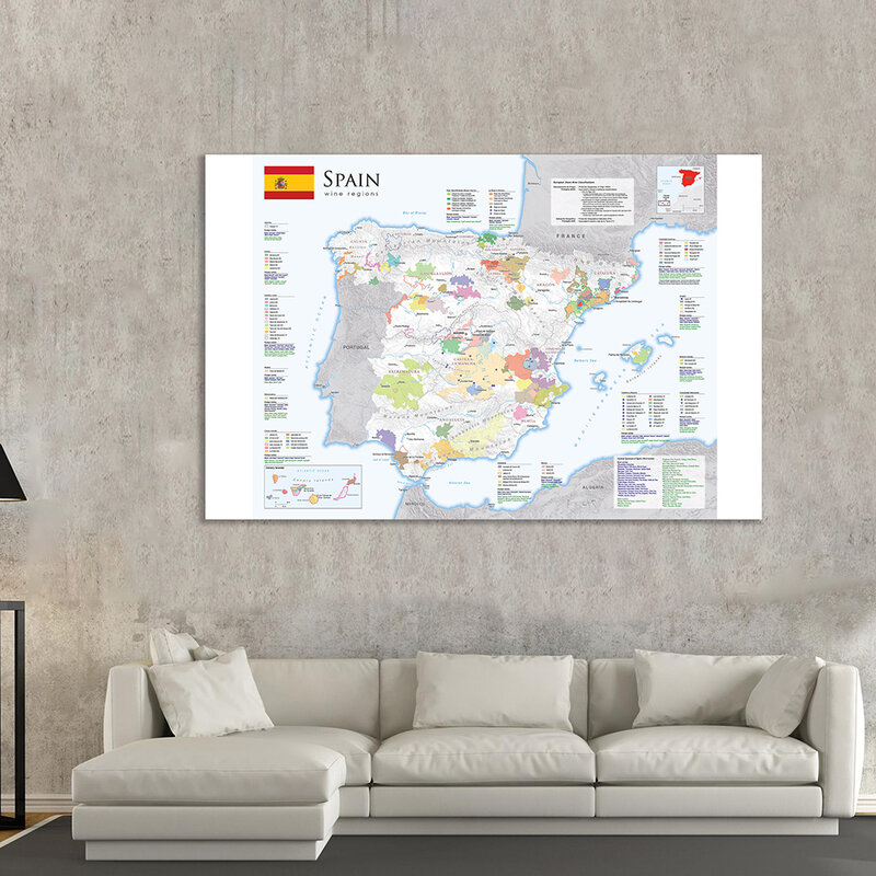 Pintura en lienzo no tejida para decoración del hogar, póster artístico de pared, material escolar, mapa de la región vinílica de España en español, 150x100 Cm