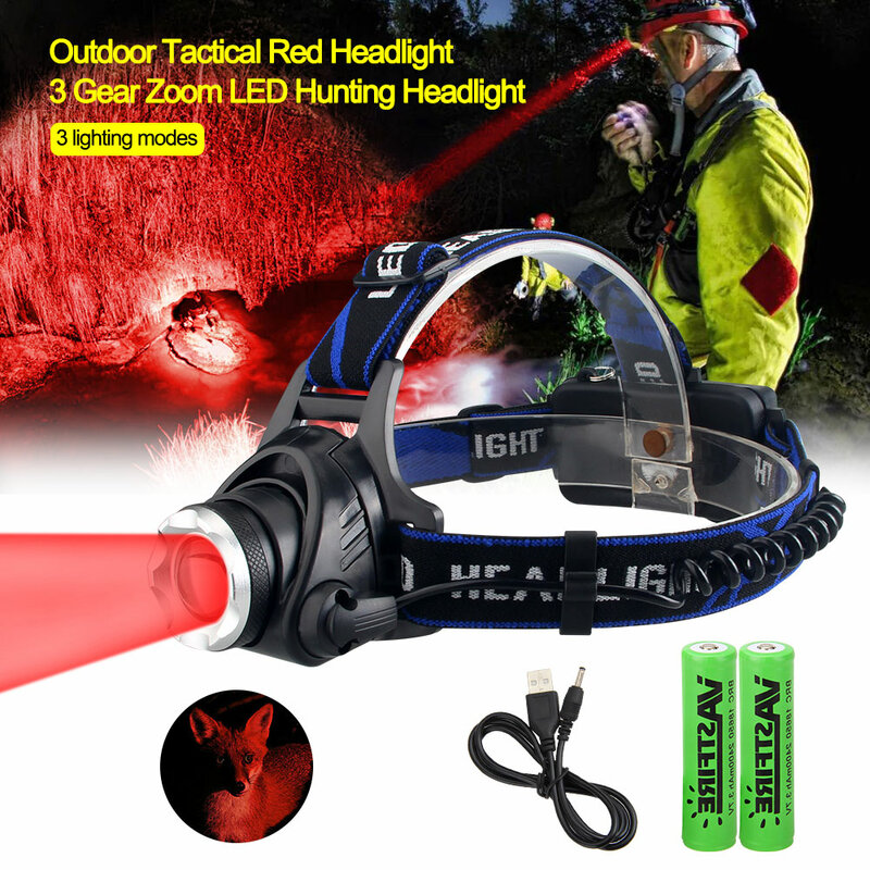 Linterna táctica de cabeza con luz roja/Verde/púrpura, faro LED con zoom, carga USB, 3 modos, alimentación por 2x18650 baterías
