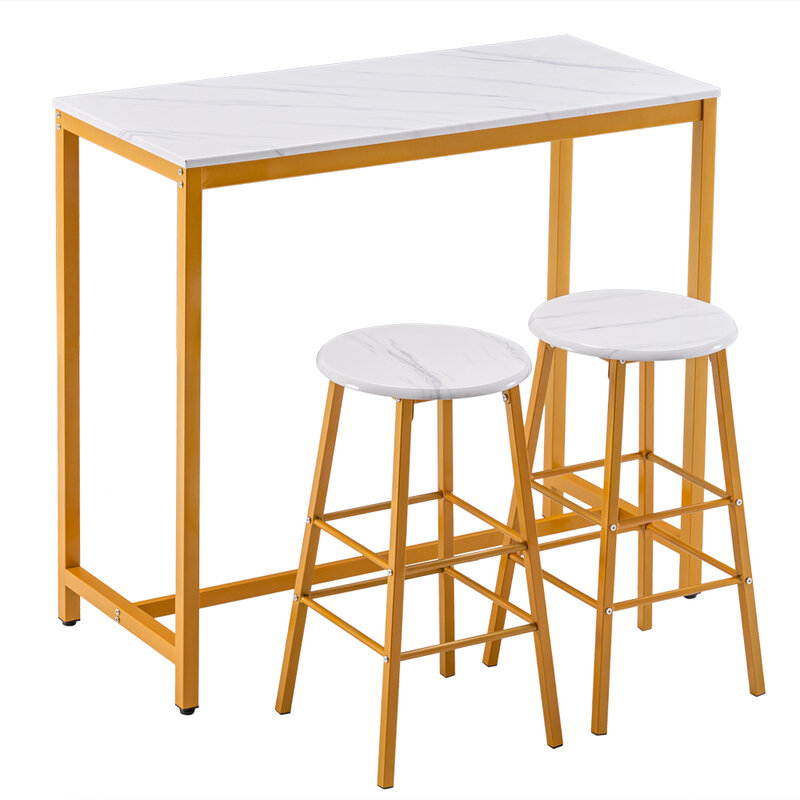 [107 x 47 x 92]cm PVC Marble Simple Bar Table Round Bar Stool Golden Paint (One Table and Two Stools) White US Warehouse