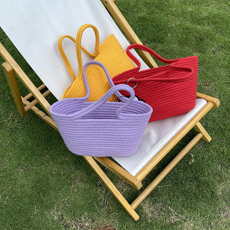2021 verão artesanal tecido saco cesta das crianças sacos de palha bolsa tote alça superior bolsas senhora praia mão sacos