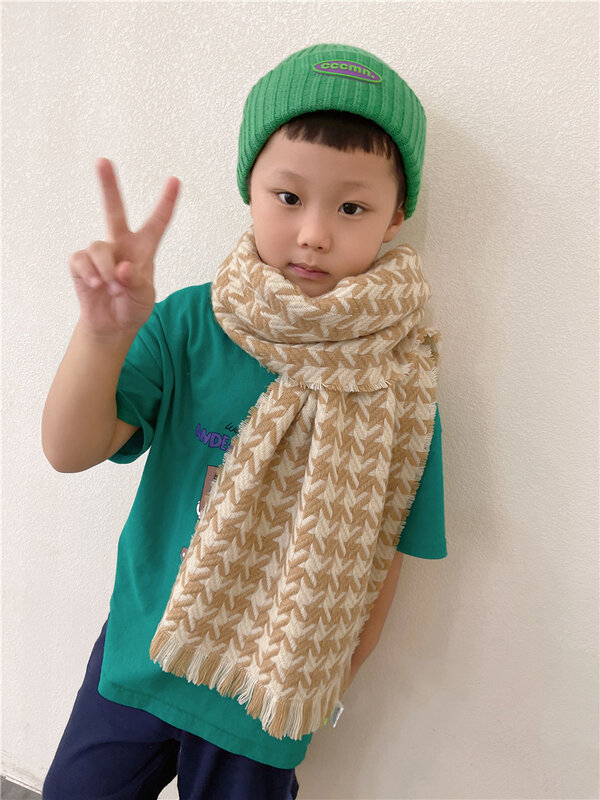Crianças coreano houndstooth cachecol de caxemira outono inverno moda crianças grosso quente cor correspondência tecido borlas cachecóis menino meninas