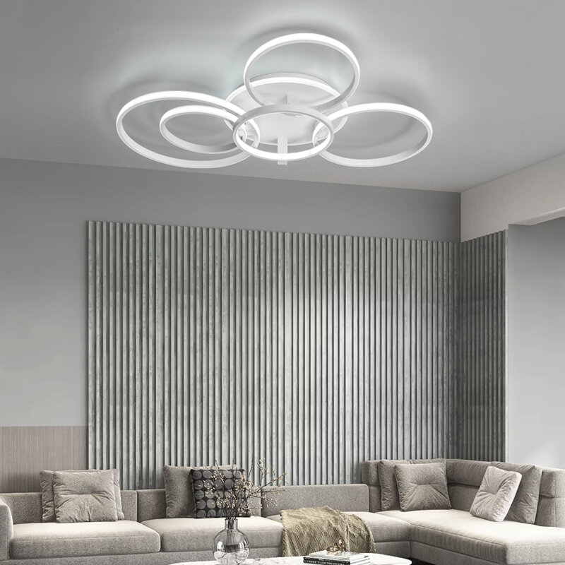 Plafonnier LED suspendu au design moderne, disponible en noir et en blanc, éclairage d'intérieur, luminaire de plafond, idéal pour un salon ou une chambre à coucher, 1 à 5 anneaux