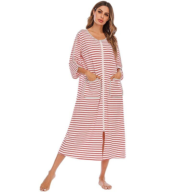 Aamikast Zipper Front Robes Women House Coat Half Sleeve Loungewear Long Nightgown with Pockets S-XXL