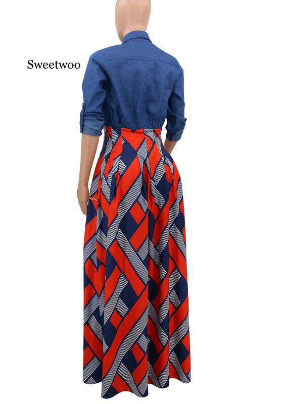 Trendy Stripe พิมพ์เสื้อแขนยาว Maxi ชุดผู้หญิงฤดูใบไม้ร่วง Robe ชุดพรรคยาว