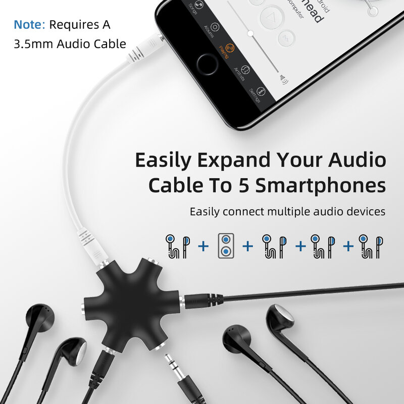 Audio Aux Cable Splitter, adaptador de compartilhamento para Tablet, MP3, MP4, telefone móvel inteligente, 1 macho para 5 porta de auscultadores fêmea, 3.5mm