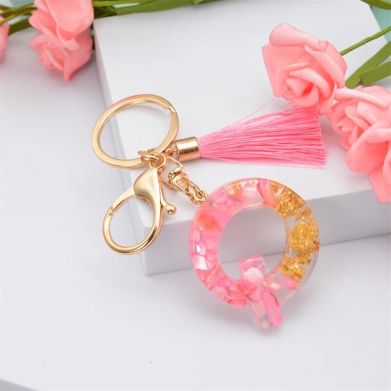 Pink Creative Letter Liquid Keychains 26 Glitter English Alphabet Ball Car Bag Tassels Pendent Crystal Glitter Ball Keyring