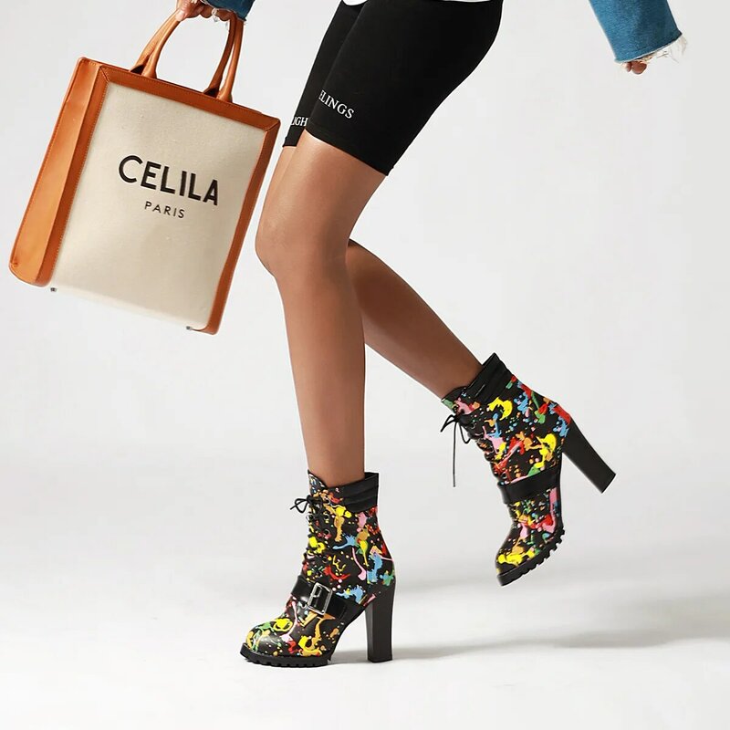 Botas de tornozelo de microfibra graffiti impressão europa e américa popular sapatos mulher de comércio exterior botas de tornozelo para mulher