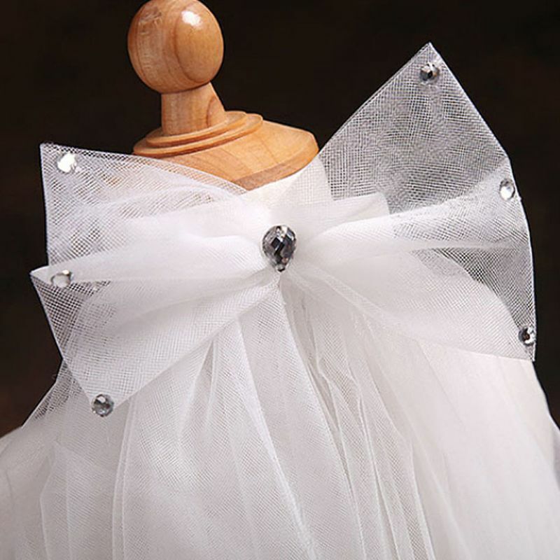 Handmade Double Layer Flower Girls Wedding Veils Cute Rhinestone Bowknot Costume