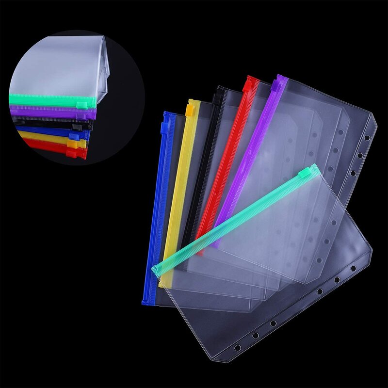 A6 حجم 6 ثقوب الموثق جيوب ، البلاستيك الملونة الموثق سستة المجلدات مقاوم للماء الحقيبة البلاستيكية وثيقة أجهزة الكمبيوتر المحمولة بطاقات الملفات