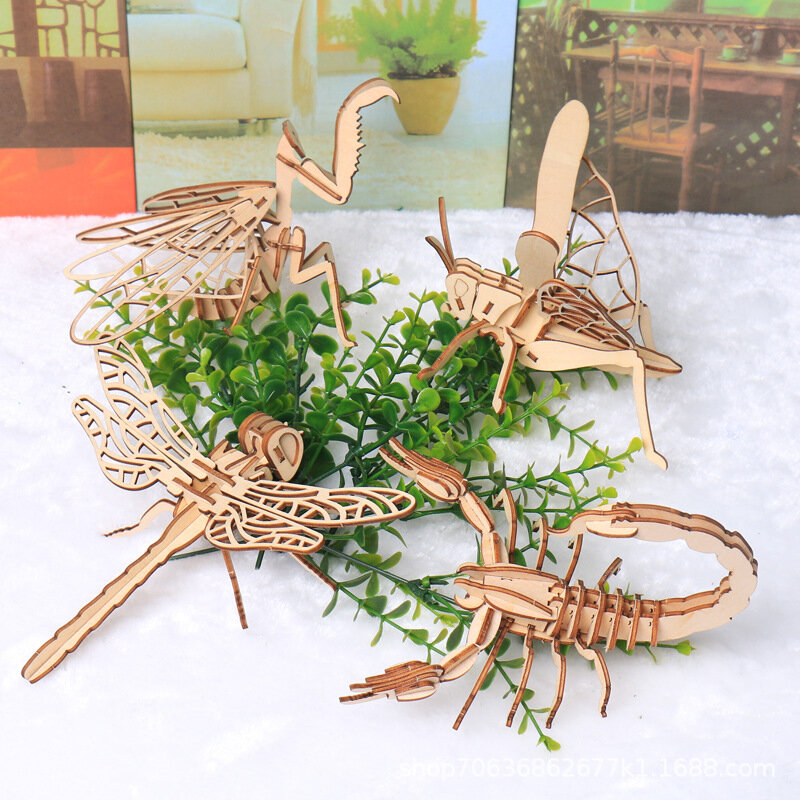 Diy 3d Wooden Puzzle Toy Jigsaw Insect Animal Handmade Assembly Painted Educational Game for Children Kids Birthday Gift