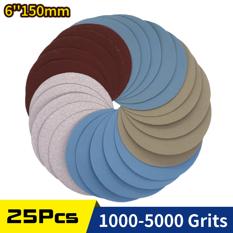 25 PCS 6 Inch 150MM Flocking Sandpaper Wet Dry Hook and Loop Sanding Disc 1000 /2000 /3000/4000 5000 Grits for Sanding Polishing