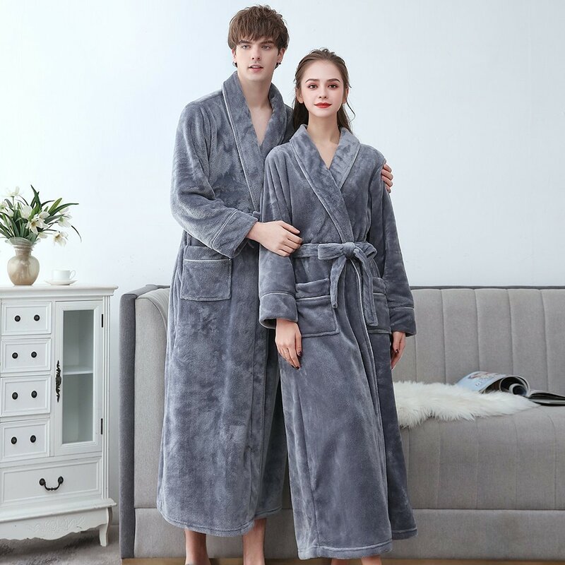 Plus ขนาด3XL ชาย Robe ฤดูหนาว Flannel Soft Kimono Gown Lovers ขนาดใหญ่ยาวเสื้อคลุมอาบน้ำชุดนอนหนาผู้หญิงชุดนอน