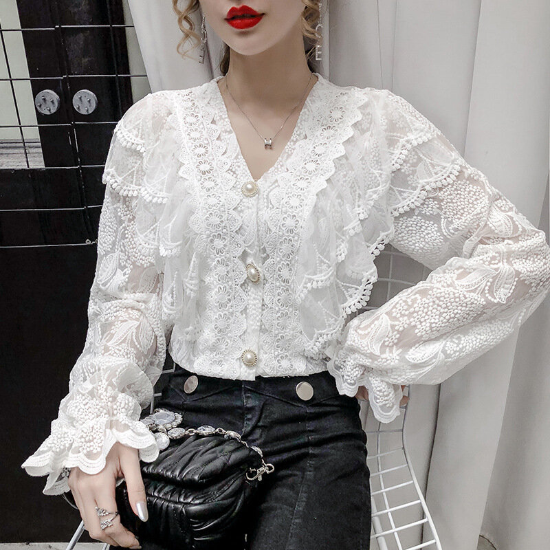 2020 Autumn New Women Blouse Embroidered Lace Ruffle V-Neck Top Foreign Style Trumpet Sleeve Shirt Long Sleeve Top For Women