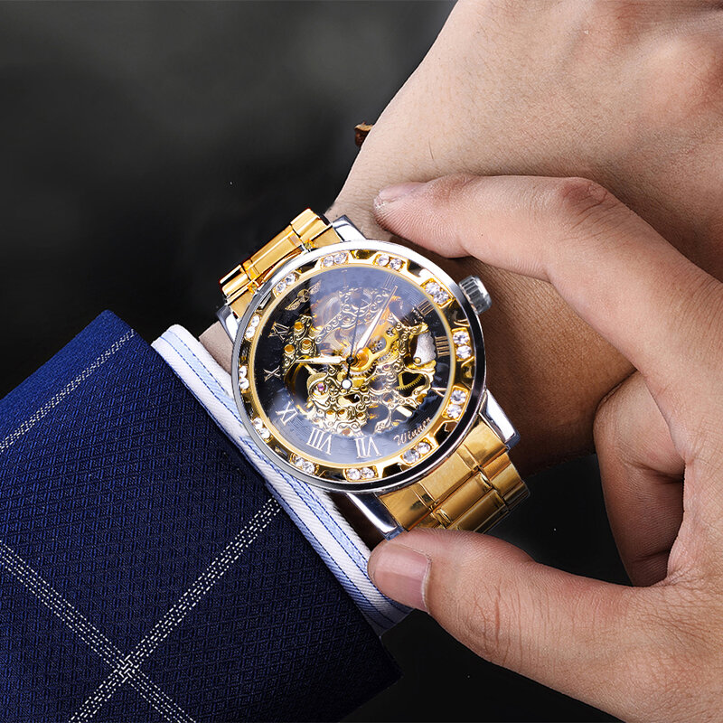 Winner montre dorée classique avec strass, horloge romaine analogique, squelette masculin, mécanique, acier inoxydable, bracelet lumineux