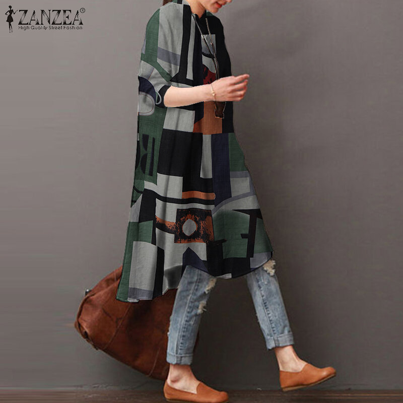 ZANZEA – Chemise à manches longues pour femmes, boutons rétro, hauts longs, Vintage, imprimé Floral, tunique ample, grande taille, printemps