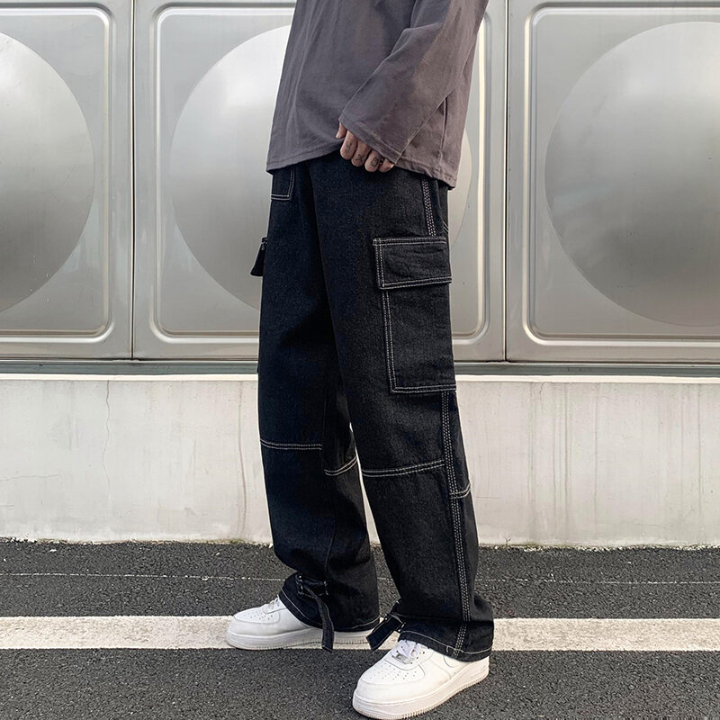 ชายกว้างขากางเกงยีนส์ Hip Hop ลำลองชายตรง Baggy Denim กางเกง Streetwear สเก็ตบอร์ดกางเกงกลางกางเกง Plus ขนาด s-5XL