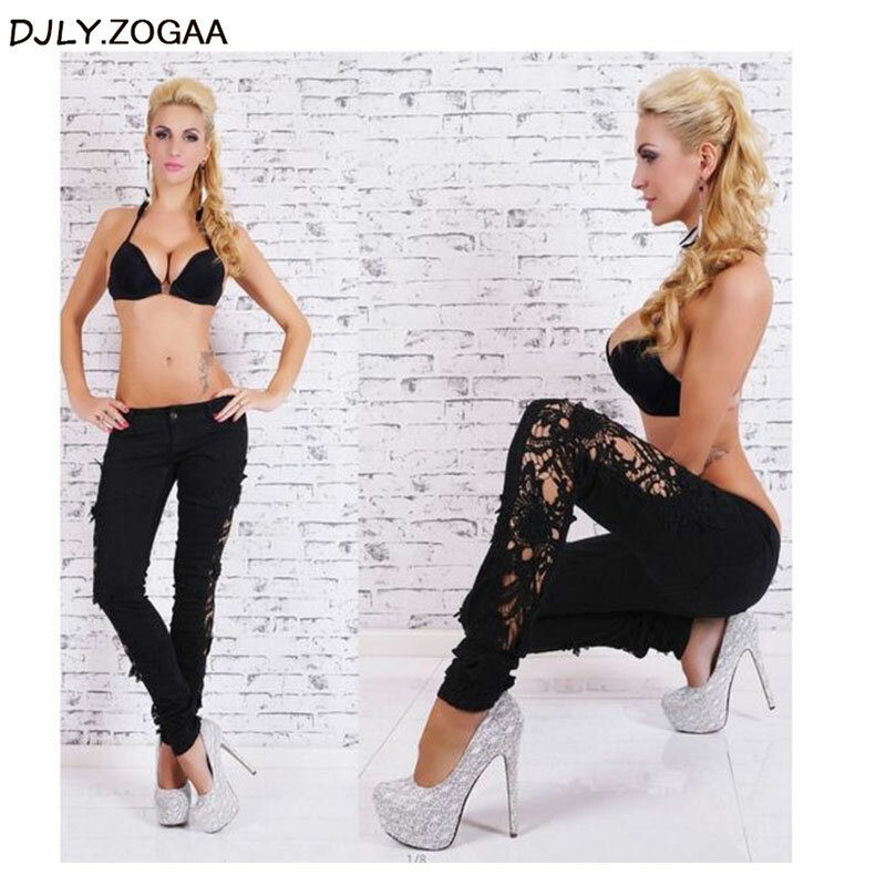 Zogaa 2020 calças de brim femininas de moda de rua calças de brim finas calças de renda mulher jeans de renda longa branco/preto/azul escuro/azul claro