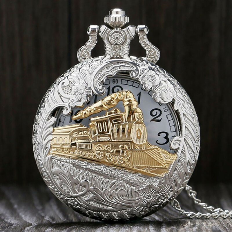 2022 New Train Locomotive Engine Pattern Hollow Cover Design Pocket Watch Necklace Pendant Chain Unisex Gifts Clock Cep Saati