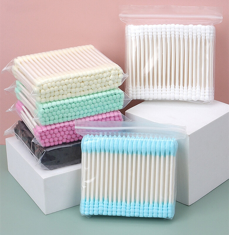 100pcs/pack Disposable Colorful Double Head Paper Handle Cotton Swab Eyelashes Extension Cleaning Swab Makeup Clean Assist Tool