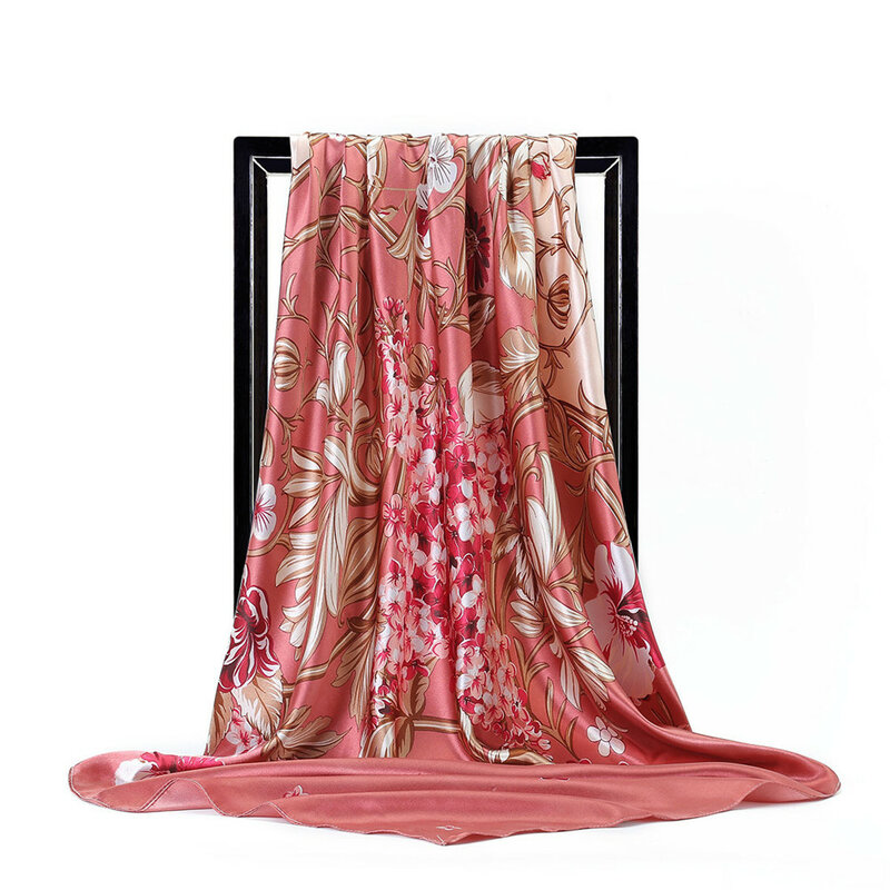 Lenço quadrado floral feminino, echarpe de seda de verão de 90cm para mulheres, bandana, cachecol de marca grande hijab para mulheres