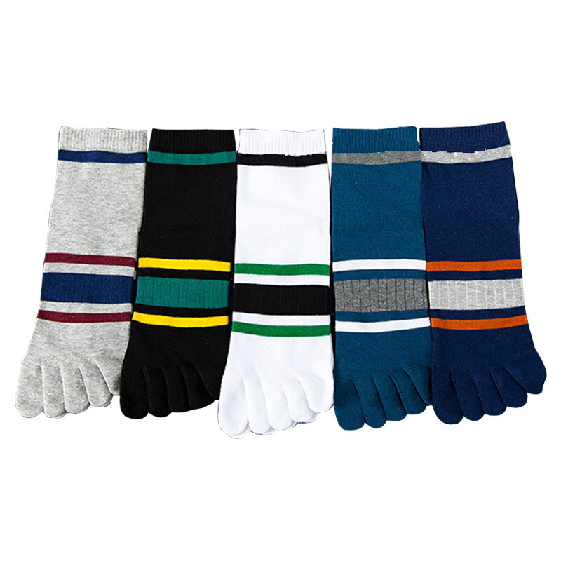 Meias listradas de algodão puro com dedos para homens, 5 pares, cinco dedos, meias felizes, negócios, moda de rua jovem, meias coloridas