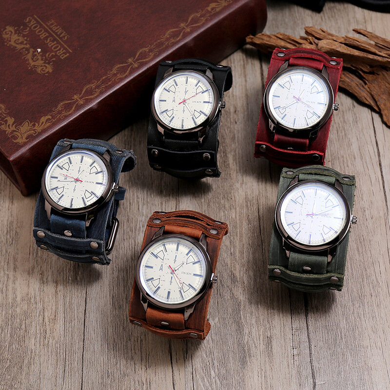 Новые мужские часы ретро часы панк-стиль подлинной кожаной ремешок кварц Wristwatch 2023 моды мужчины подарок любителей коубойные часы