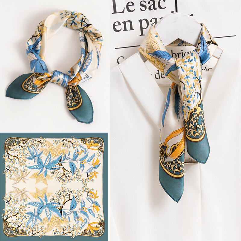 Bufanda de seda pura para mujer, pañuelo cuadrado pequeño de 53x53cm, pañuelo para la cabeza