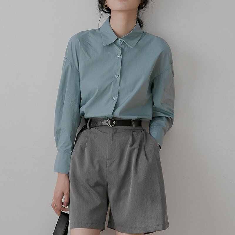블라우스 여성 긴팔 오버 사이즈 셔츠 여성 2021 봄 공식 솔리드 컬러 탑스 Blusas