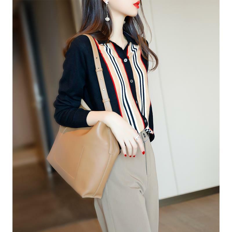 Camisa interior delgada retro francesa para mujer, camisa de fondo de punto con temperamento a juego, rayas verticales de color, novedad de otoño 2020