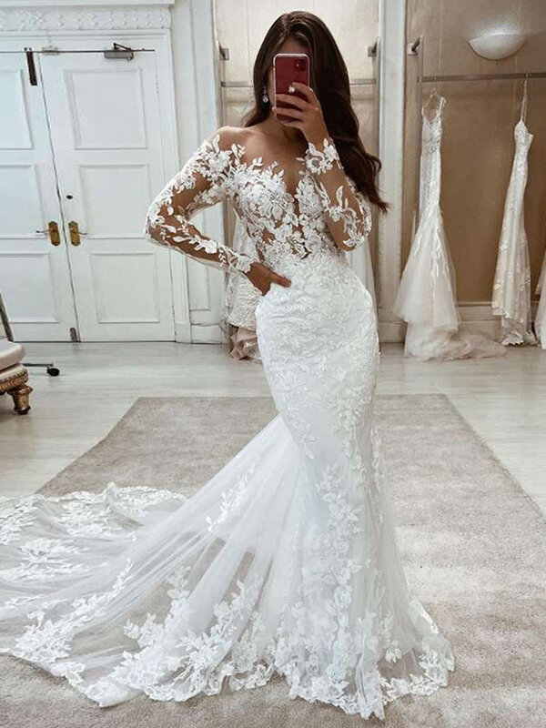 Lorie Boho Trouwjurken Mermaid Lace Lange Mouwen Jurk Vintage Wit Ivoor Custom Made Luxe Bridal Dress 2021