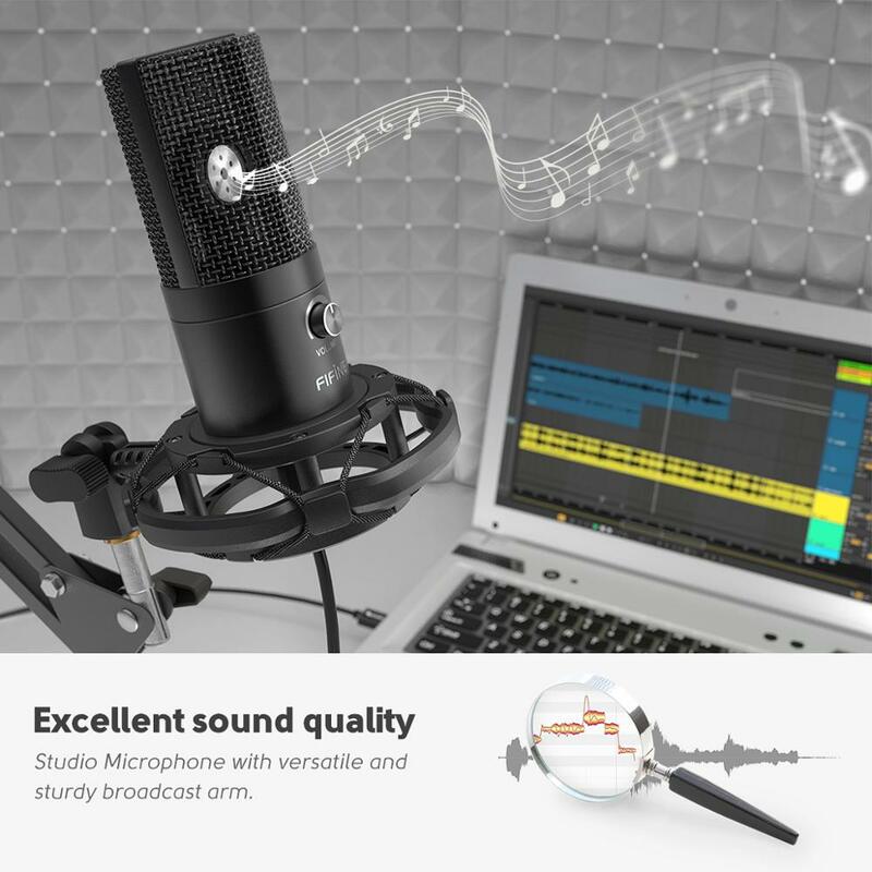 FIFINE Studio Condenser Kit Mikrofon Komputer USB dengan Dudukan Lengan Gunting Dapat Disesuaikan untuk Suara YouTube Overs-T669