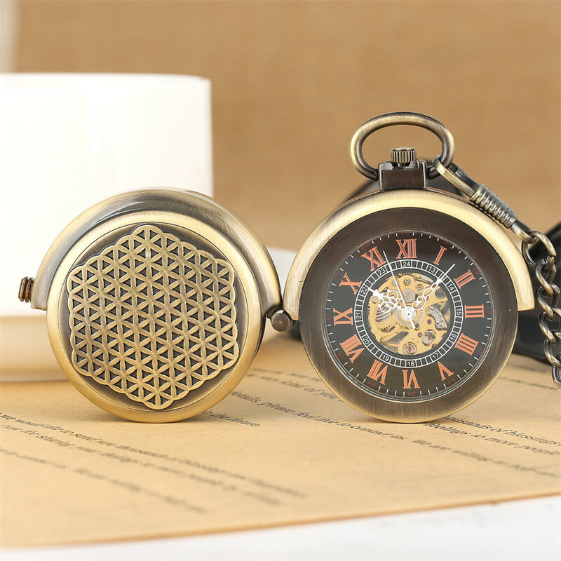 Reloj de bolsillo mecánico de bronce Steampunk, cubierta giratoria creativa Retro, pantalla de números romanos, mecanismo Manual colgante, reloj Masculino