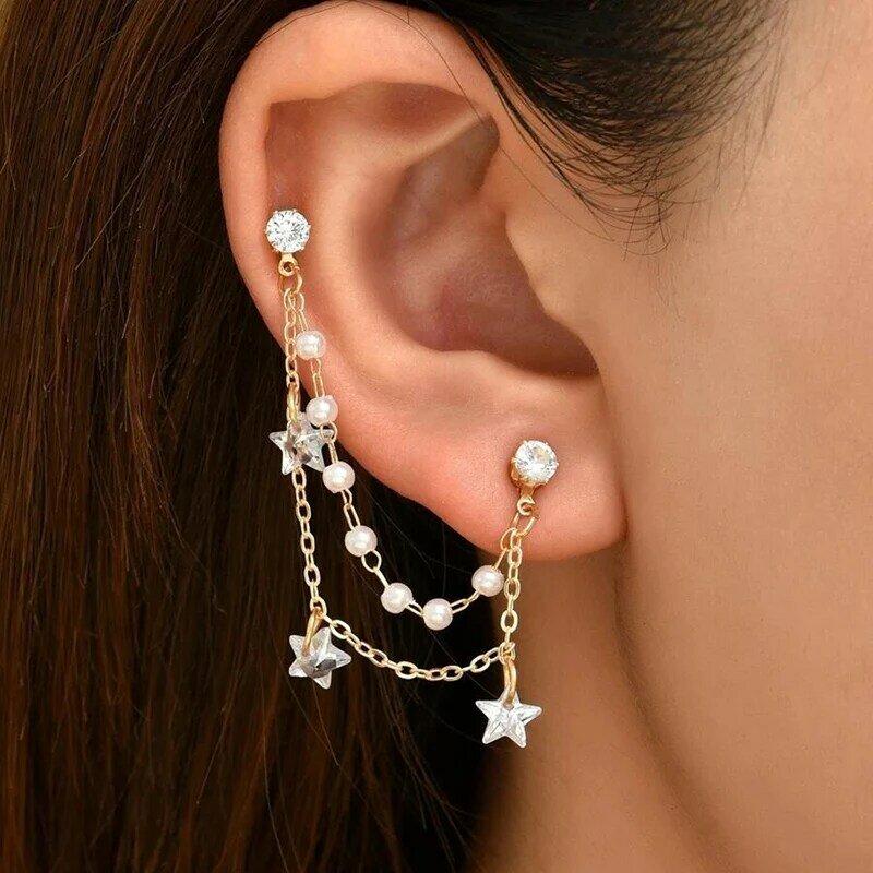 YWZIXLN 1PCS Fashion Bohemian Pearl Chain Crystal Star Pendant Earring Mascot Ornaments For Women Accessories Wholesale E0211