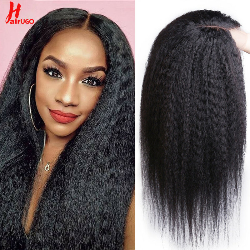 HairUGo-Perruques de cheveux humains droites crépues pour femmes, partie en dentelle Remy, haute densité, fermeture en dentelle, 13*1 T, 250%