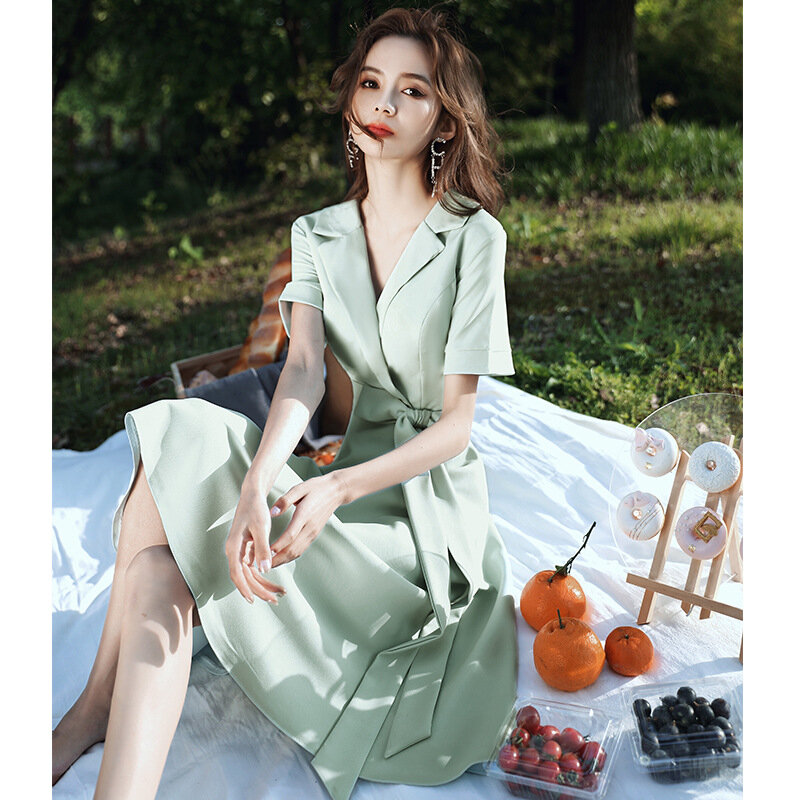 French Style Women Party Dress Fashion V Neck Short Sleeve Banquet Dresses Female Green Elegant Simple Gowns Vestidos