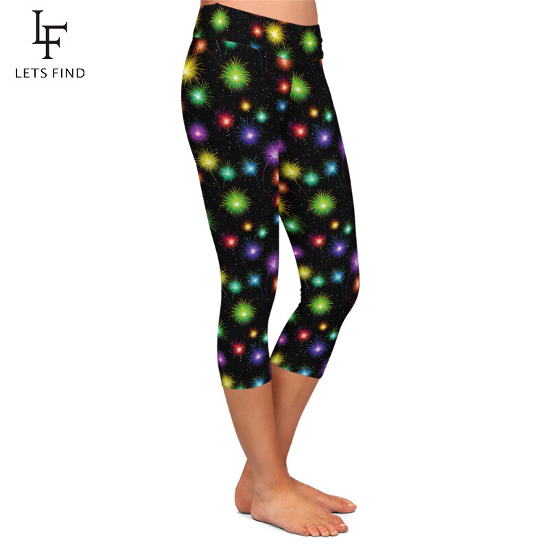 LETSFIND 2020 nowe kolorowe fajerwerki wzór legginsy z nadrukami moda wysokiej talii Fitness połowy łydki elastyczne legginsy