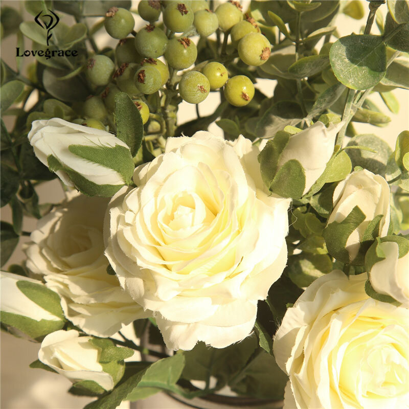 Lovegrace 신부 웨딩 꽃 신부 들러리 장미 유칼립투스 잎 부케, 인공 실크 꽃 테이블 센터 액세서리