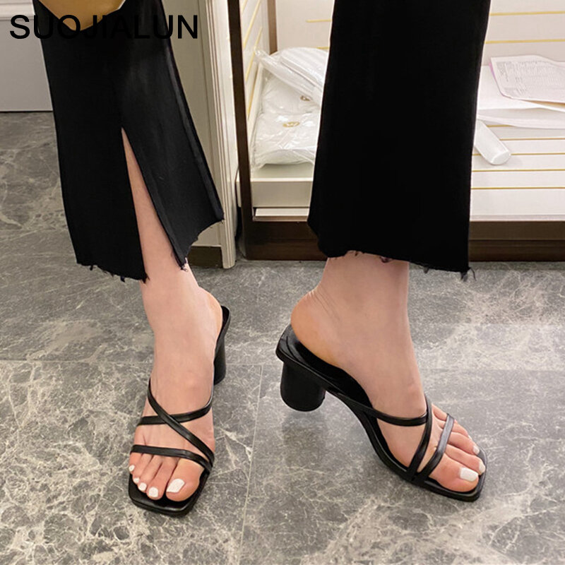 SUOJIALUN 2020 lato kobiety Med Heel pantofel moda wąskie paski sandały kwadratowy obcas wakacje plaża klapki slajdy buty