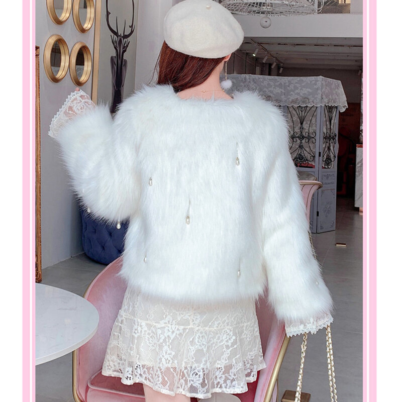 Модное меховое пальто, женское плотное теплое пальто из искусственного лисьего плюша с бусинами, женская короткая верхняя одежда, новинка 2023, Женская осенне-зимняя куртка