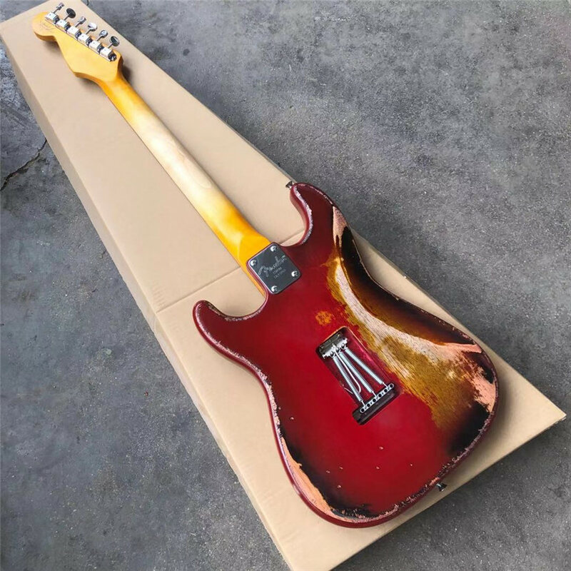 Stock, antique made old electric guitar, red, real photos, free shipping, sunset color set, red, can be modified and customized