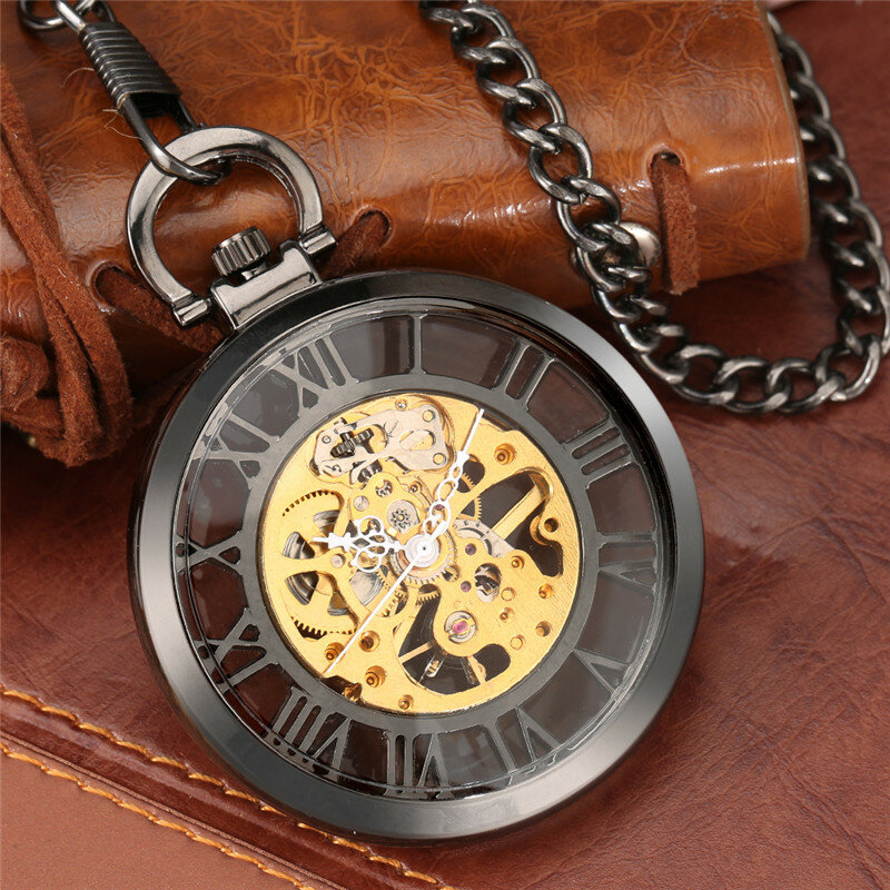 럭셔리 핸드 와인딩 기계식 로마 숫자 스팀펑크 포켓 시계, 오픈 페이스 블랙 투명 체인 남성 여성 멋진 선물