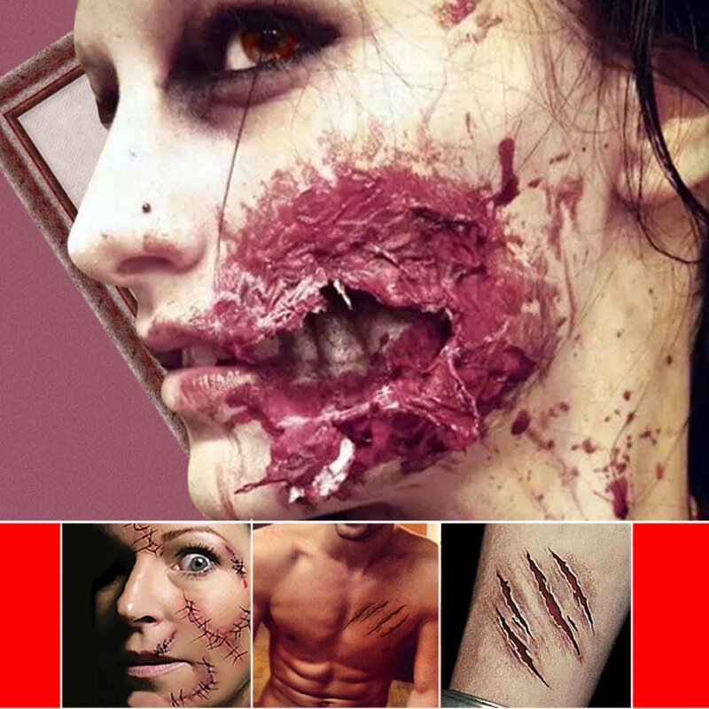 Tatuajes con cicatrices de zombis horribles, maquillaje de sangre falso, decoración de fiesta de Halloween, pegatina de miedo para lesiones de sangre, venta al por mayor