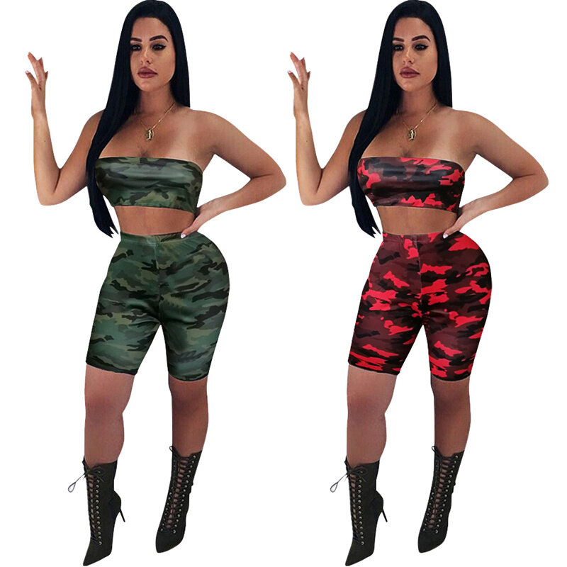 Sexy Camouflage Zwei Stück Set Frauen Fitness Kleidung Anzug Zwei Stück Weg Von der Schulter Crop Top Bodycon Kurze Trainingsanzüge Passenden Sets