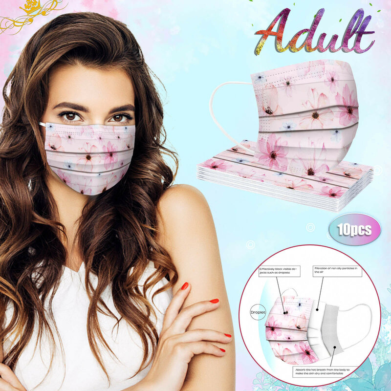 10 sztuk dorosłych maska jednorazowa 3 warstwy kwiat wzór moda filtr higieny kobiet maska do pielęgnacji twarzy i ust Earloop maski na twarz Halloween マスス