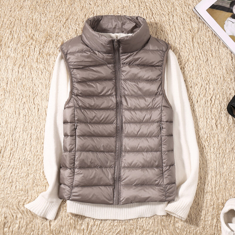 여성용 초경량 덕다운 조끼, 하이넥 민소매 재킷, 2024 90% 화이트 덕다운 조끼, 가을 및 겨울 신상