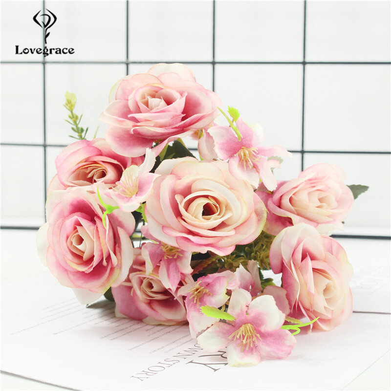Flores artificiais de rosa outono peônia pequena, flor falsa de seda hortência, rosas brancas para casamento, decoração de jardim para casa
