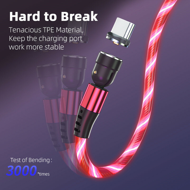 Marjay 540 회전 마그네틱 케이블 3 In 1 마그네틱 충전기 흐름 발광 LED 조명 USB 케이블 유형 C 마이크로 USB 와이어 충전 용