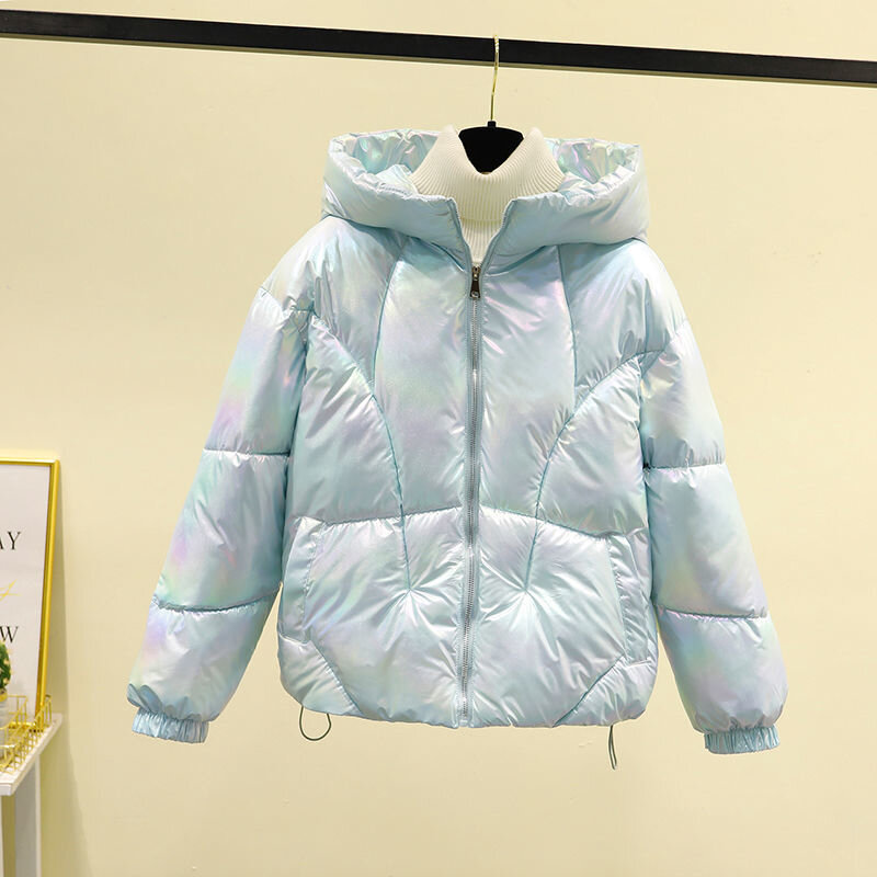 Новая блестящая короткая зимняя куртка, женская теплая пуховая хлопковая куртка с капюшоном, парки, женская Свободная верхняя одежда, корейское зимнее пальто с хлопковой подкладкой
